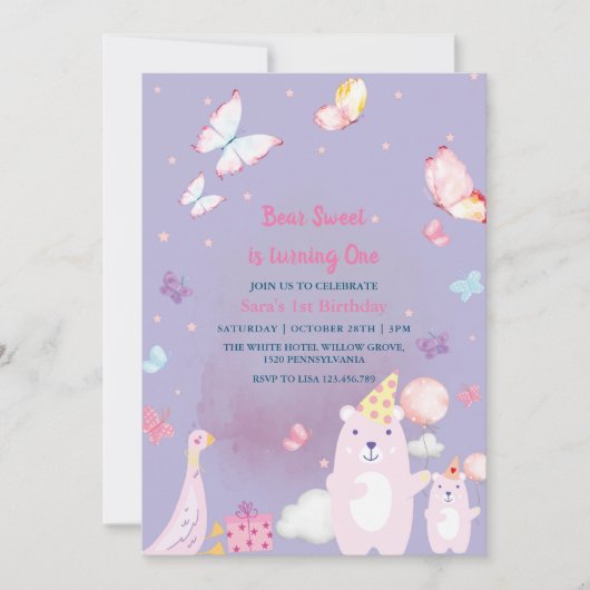 テディベアとダックパープル1st誕生日ベビーガール 招待状 (正面)