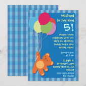 テディベアとバルーンの誕生日パーティーの招待 招待状 (正面/裏面)