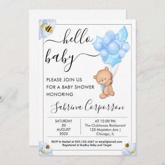 テディベアとバルーン男の子の赤ちゃんシャワー 招待状 (正面/裏面)