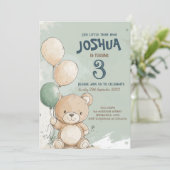 テディベアとバルーン緑の子供の誕生日パーティー 招待状 (スタンド正面)