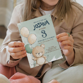 テディベアとバルーン緑の子供の誕生日パーティー 招待状
