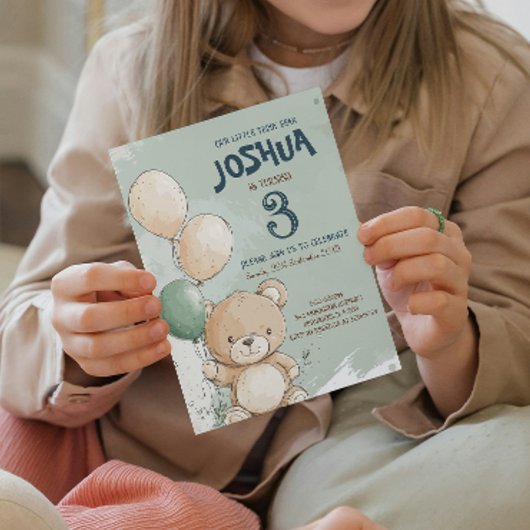 テディベアとバルーン緑の子供の誕生日パーティー 招待状