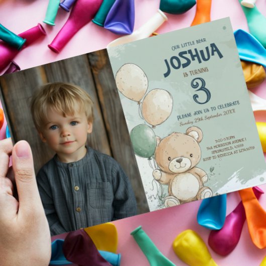 テディベアとバルーン緑の子供の誕生日パーティー 招待状