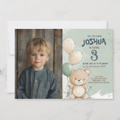 テディベアとバルーン緑の子供の誕生日パーティー 招待状 (正面)