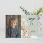 テディベアとバルーン緑の子供の誕生日パーティー 招待状 (スタンド正面)