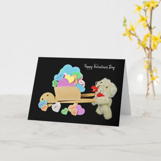 テディベアとバレンタインハートの車いす カード (黄色い花)