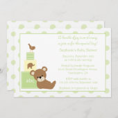 テディベアとバードニュートラルベビーシャワーの招待 招待状 (正面/裏面)