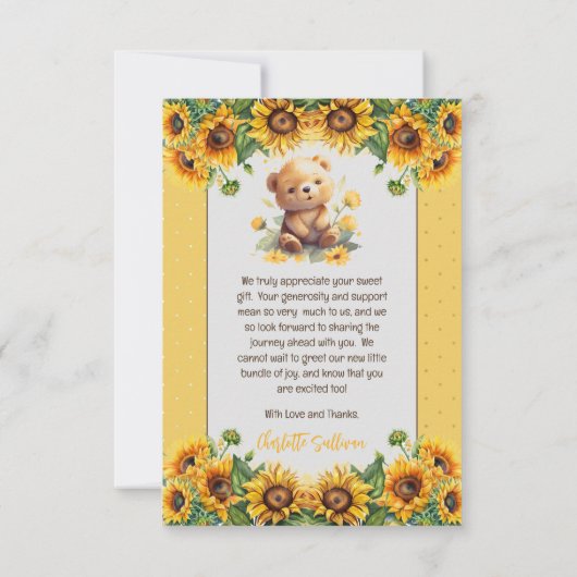 テディベアとヒマワリ赤ちゃんシャワー サンキューカード (裏面)