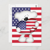 テディベアとビッグ米国国旗のハート ポストカード (正面/裏面)