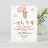 テディベアとピンクバルーン赤ちゃんシャワー 招待状 (スタンド正面)