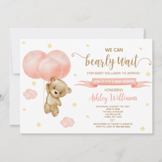 テディベアとピンクバルーン赤ちゃんシャワー 招待状 (正面)