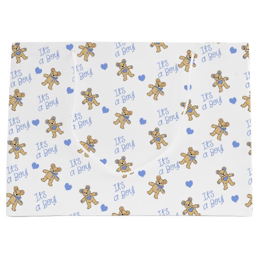 テディベアとブルーハートベビーシャワー ラージペーパーバッグ (正面)