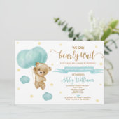 テディベアとブルーバルーン赤ちゃんシャワー 招待状 (スタンド正面)