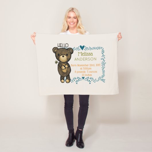 テディベアとブルーフローラリースベビー誕生 フリースブランケット (インサイチュ)