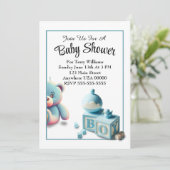 テディベアとベビーブロックボーイベビーシャワー 招待状 (スタンド正面)