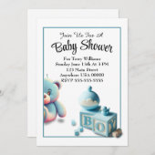 テディベアとベビーブロックボーイベビーシャワー 招待状 (正面/裏面)