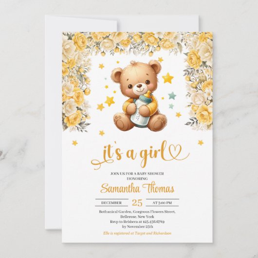 テディベアとベビーボトル黄色の花の女の子 招待状 (正面)