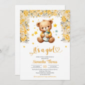 テディベアとベビーボトル黄色の花の女の子 招待状 (正面/裏面)
