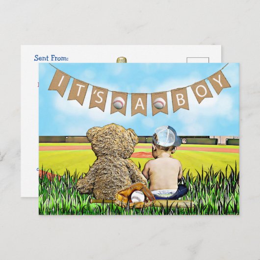 テディベアとベビー野球少年の赤ちゃんシャワー ポストカード (正面/裏面)