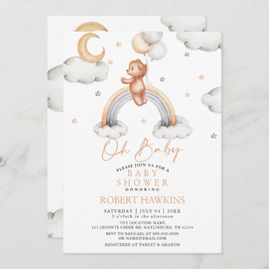 テディベアとボーホレインボーベビーシャワー 招待状 (正面/裏面)