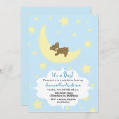 テディベアとムーンベビーシャワー招待状 – 男の子 招待状 (正面/裏面)