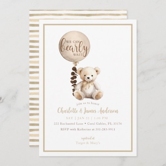 テディベアとユーカリプタスバルーンベイビーシャワー 招待状 (正面/裏面)