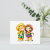 テディベアとライオンウィットの水彩イラストレーション ポストカード (スタンド正面)