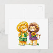 テディベアとライオンウィットの水彩イラストレーション ポストカード (正面/裏面)