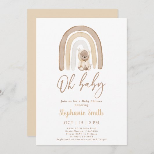 テディベアとレインボーベビーシャワー招待状 招待状 (正面/裏面)
