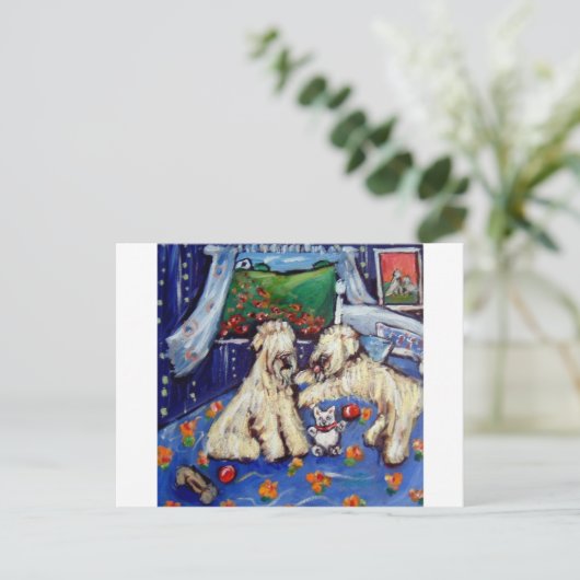 テディベアと一緒にベッドに横になるウェルシュテリア ポストカード (スタンド正面)