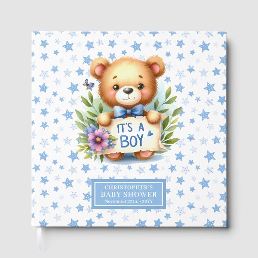 テディベアと一緒の男の子の赤ちゃんシャワーのゲストブック ゲストブック (正面)