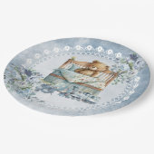 テディベアと埃っぽい青い花の男の子の赤ちゃんシャワー ペーパープレート (アングル)