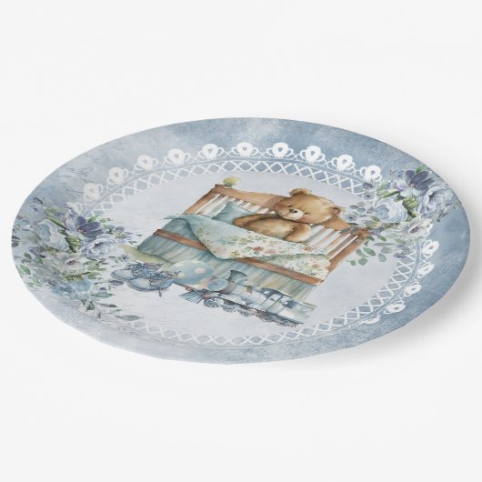 テディベアと埃っぽい青い花の男の子の赤ちゃんシャワー ペーパープレート (アングル)