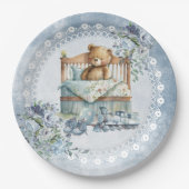 テディベアと埃っぽい青い花の男の子の赤ちゃんシャワー ペーパープレート (正面)