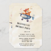 テディベアと彼の飛行機1歳の誕生日パーティー 招待状 (正面/裏面)