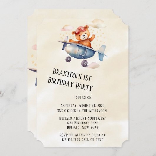 テディベアと彼の飛行機1歳の誕生日パーティー 招待状 (正面/裏面)