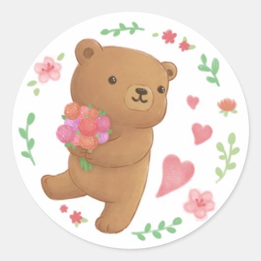 テディベアと花 ラウンドシール (正面)