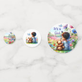 テディベアと赤ちゃんの女の子のベビーシャワー 女の子です コンフェッティ (正面)