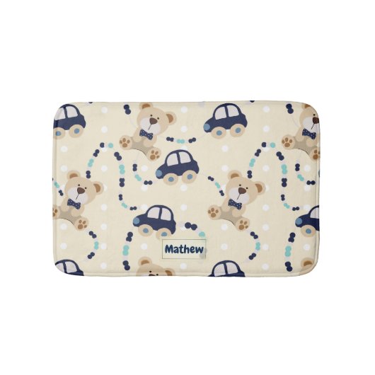 テディベアと車の男の赤ちゃんパターン バスマット (正面)