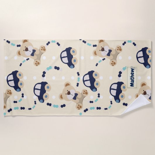 テディベアと車の男の赤ちゃんパターン ビーチタオル (正面)