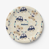 テディベアと車の男の赤ちゃんパターン ペーパープレート (正面)