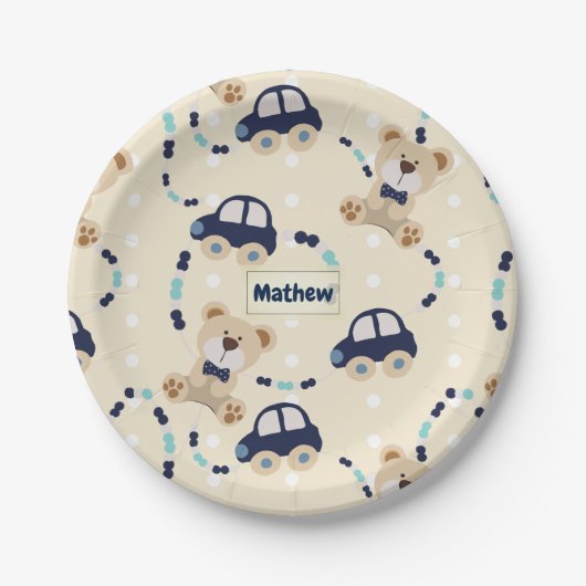 テディベアと車の男の赤ちゃんパターン ペーパープレート (正面)