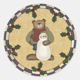 テディベアと雪だるまラウンドステッカー ラウンドシール