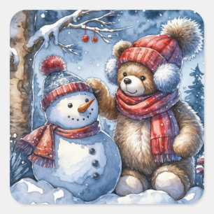 テディベアと雪だるま スクエアシール