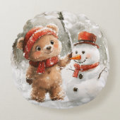 テディベアと雪だるま ラウンドクッション (正面)