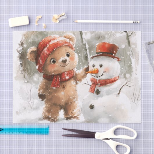 テディベアと雪だるま 薄葉紙 (クラフト)