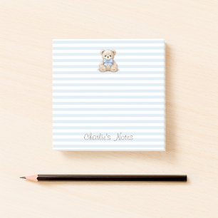 テディベアと青いストライプのカスタムネーム手書きキッズ ポストイット