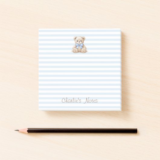 テディベアと青いストライプのカスタムネーム手書きキッズ ポストイット