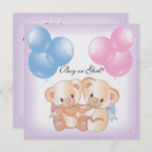 テディベアと風船の性別発表パーティー招待状 招待状 (正面/裏面)