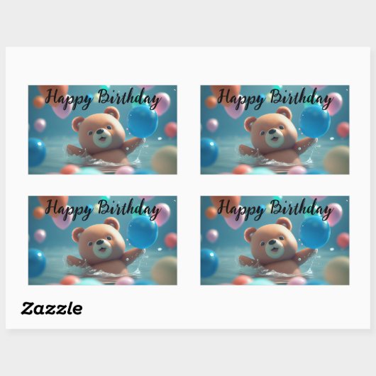 テディベアと風船の誕生日おめでとう 長方形シール (シート)